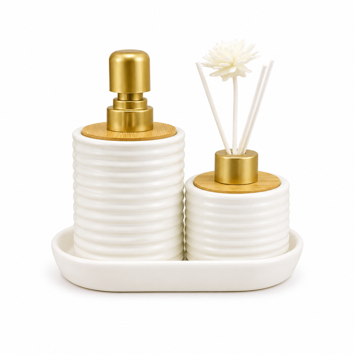 porcelain soap dispenser and reed diffuser set with tray luxury bathroom accessories setporcelain soap dispenser set Pakistanreed diffuser set with trayluxury bathroom accessoriesbathroom countertop décorsoap dispenser and diffuser setporcelain bathroom setluxury vanity accessoriesHome Hatch bathroom collectionreed diffuser bathroom décorbathroom tray organizer set