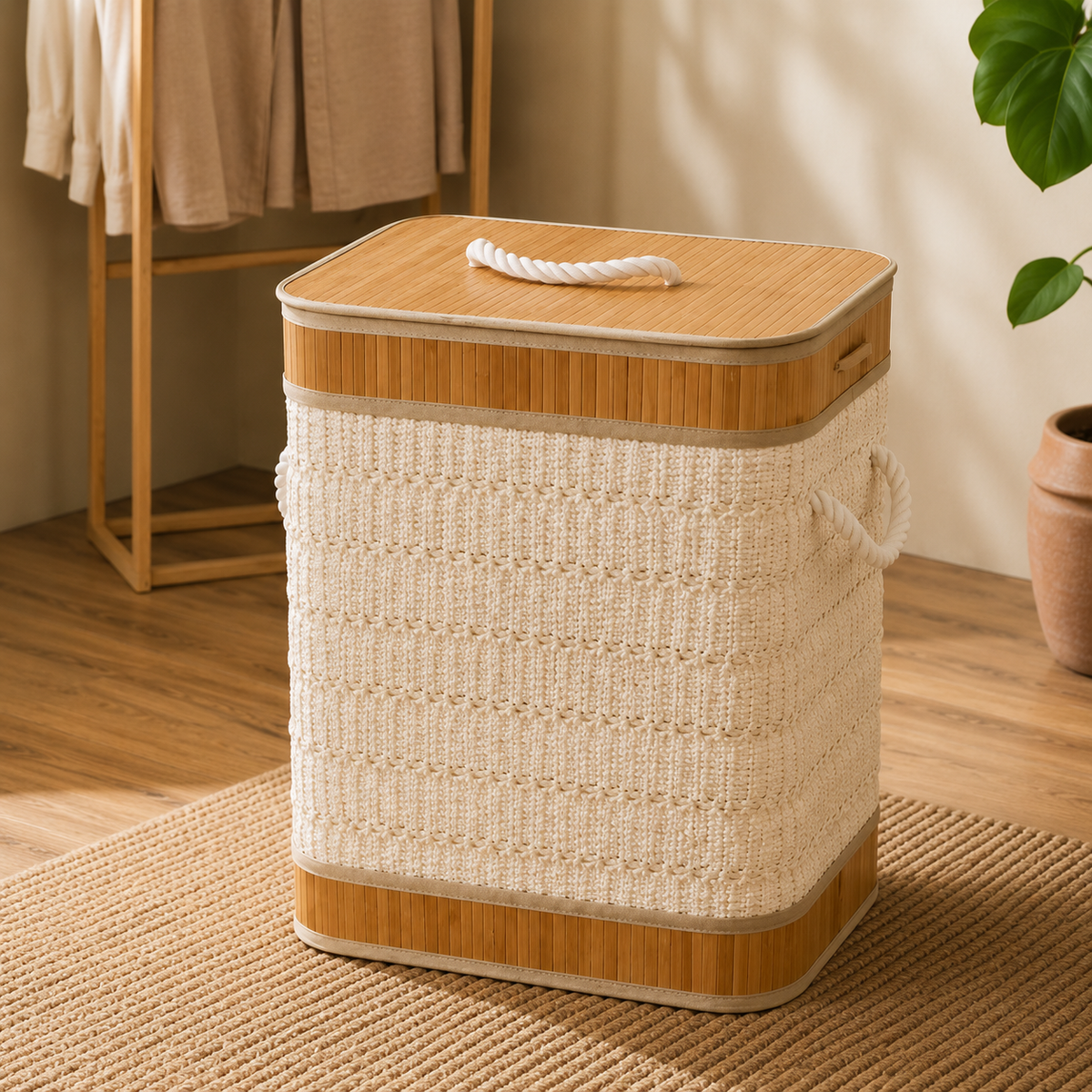 Velvet Laundry Basket with Bamboo Frame & Lid | Clothes Storage Hamper for Bedroom & Bathroom