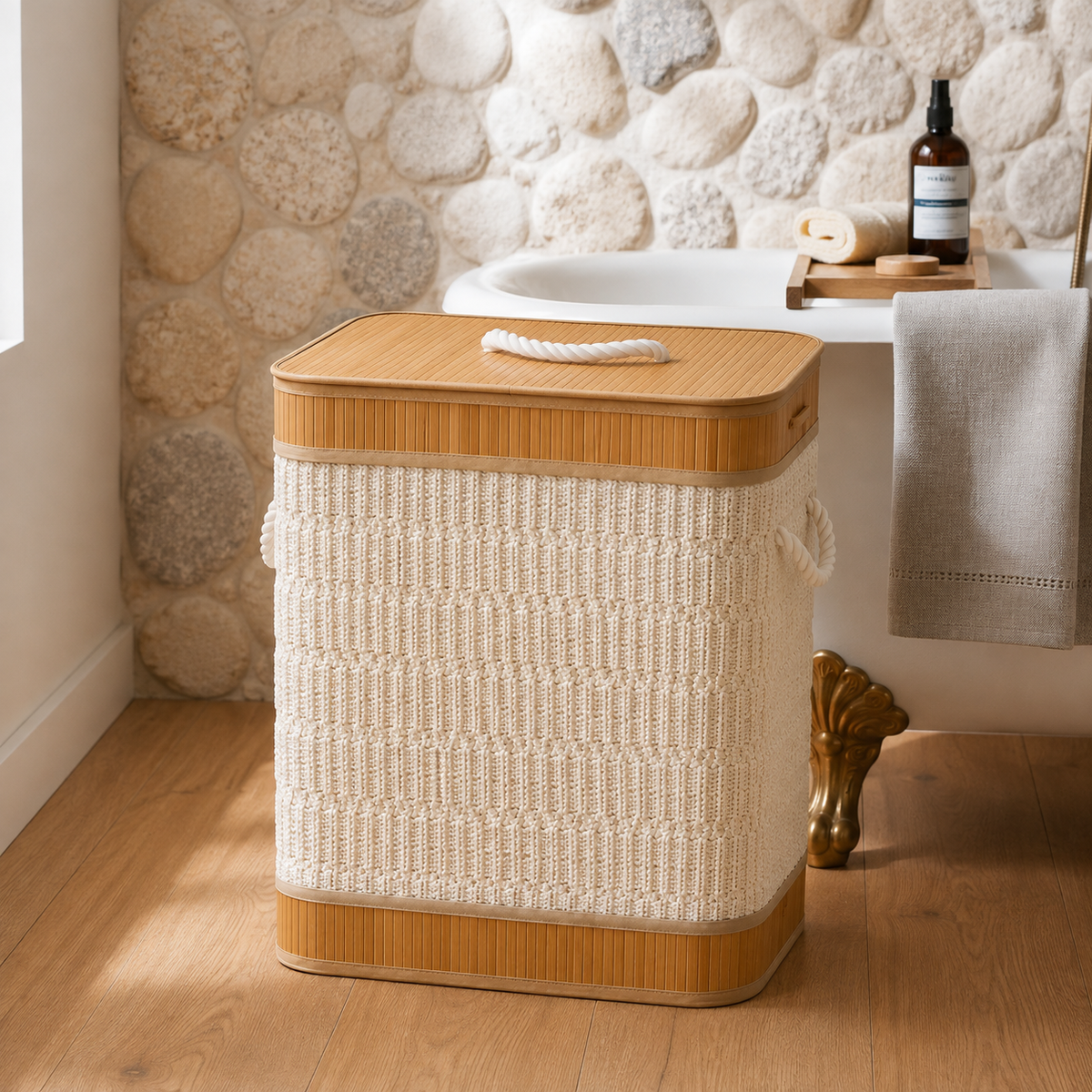 Velvet Laundry Basket with Bamboo Frame & Lid | Clothes Storage Hamper for Bedroom & Bathroom