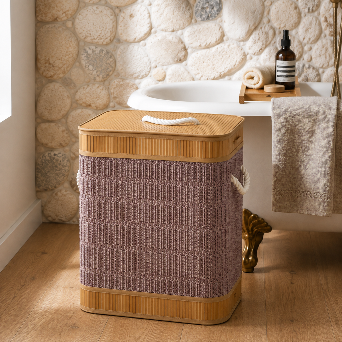Velvet Laundry Basket with Bamboo Frame & Lid | Clothes Storage Hamper for Bedroom & Bathroom