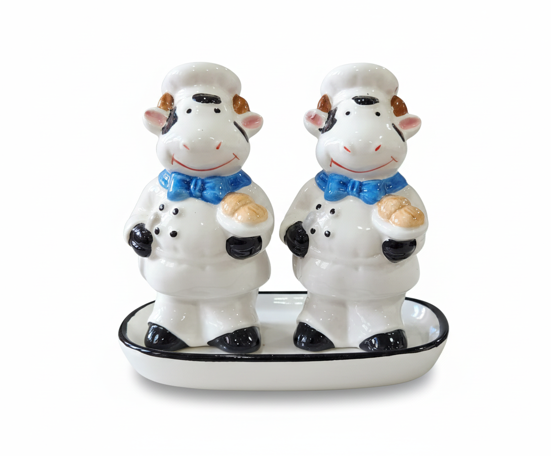Chef Cow Ceramic Salt & Pepper Shaker Set with Tray Pakistan – Cute Chef Cow Design Ceramic Shakers for Dining and Kitchen Décor