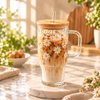 White Daisy Glass Tumbler with Bamboo Lid & Glass Straw – Aesthetic Drinkware Cup