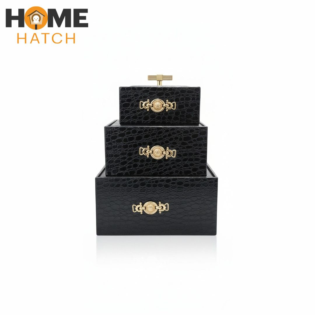 Croc Luxe 3-Piece Black Crocodile Pattern Leather Jewelry Box Set with Golden Knobs – Home Hatch Pakistan