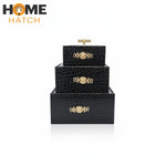 Croc Luxe 3-Piece Black Crocodile Pattern Leather Jewelry Box Set with Golden Knobs – Home Hatch Pakistan
