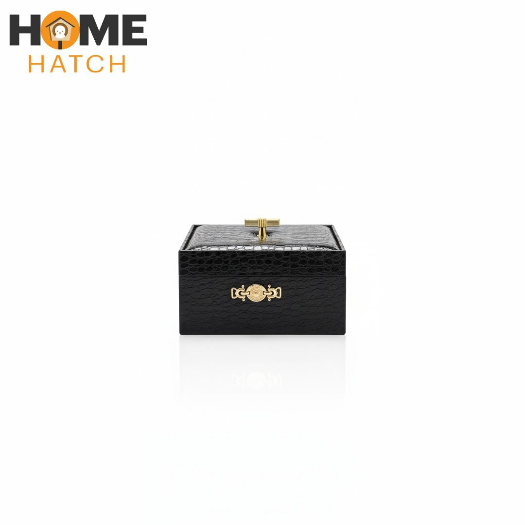Croc Luxe 3-Piece Black Crocodile Pattern Leather Jewelry Box Set with Golden Knobs – Home Hatch Pakistan