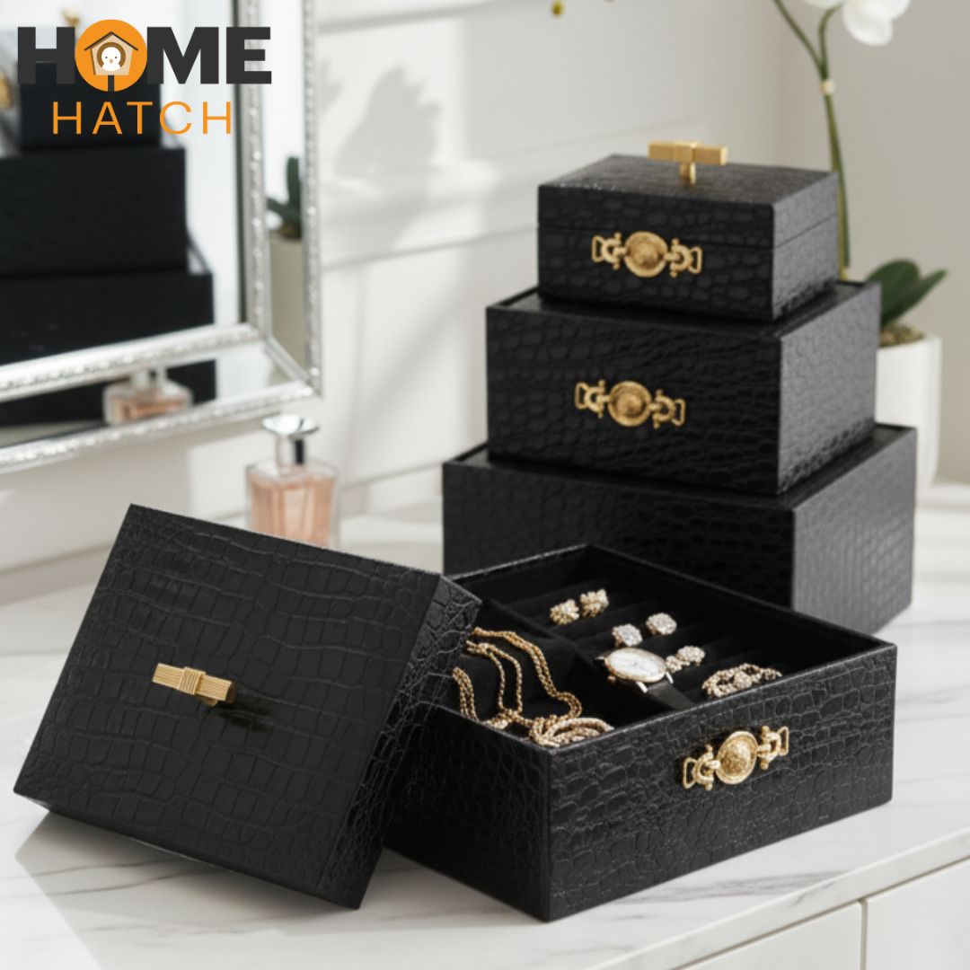 Croc Luxe 3-Piece Black Crocodile Pattern Leather Jewelry Box Set with Golden Knobs – Home Hatch Pakistan