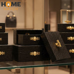 Croc Luxe 3-Piece Black Crocodile Pattern Leather Jewelry Box Set with Golden Knobs – Home Hatch Pakistan