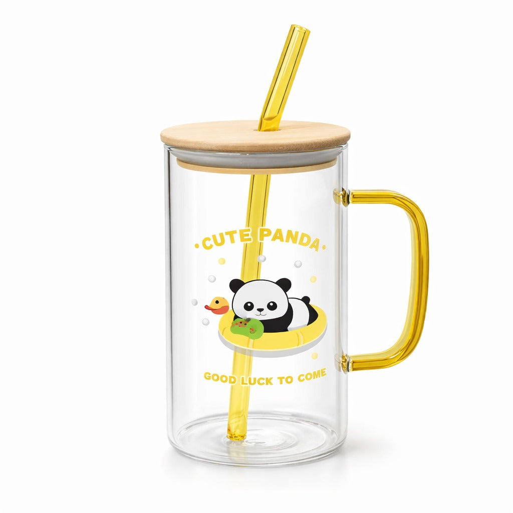 Cute panda glass tumbler with bamboo lid and glass straw – Home Hatch Pakistan