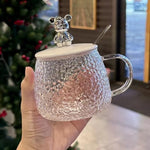Cute Bear Glass Coffee Mug with Lid & Spoon | Tea, Coffee & Milk Cup