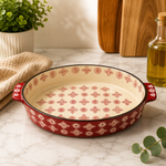 DANNY HOME 11-inch oval ceramic baking dish with red pattern and integrated side handles for baking and serving.