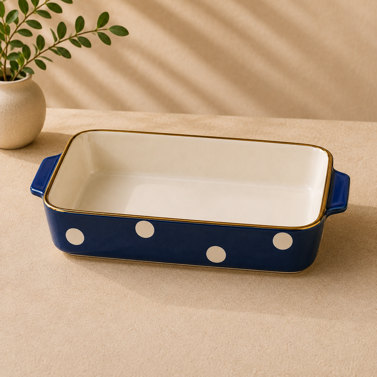 DANNY HOME ceramic baking dish11.75 inch baking dishrectangular ceramic baking dishblue polka dot baking dishceramic casserole dishbaking dish with handlesoven to table bakewarerectangular casserole dishceramic bakeware Pakistanceramic oven baking dishDANNY HOME 11.75-inch rectangular ceramic baking dish with integrated handles and blue polka dot pattern for casseroles, baking and serving.