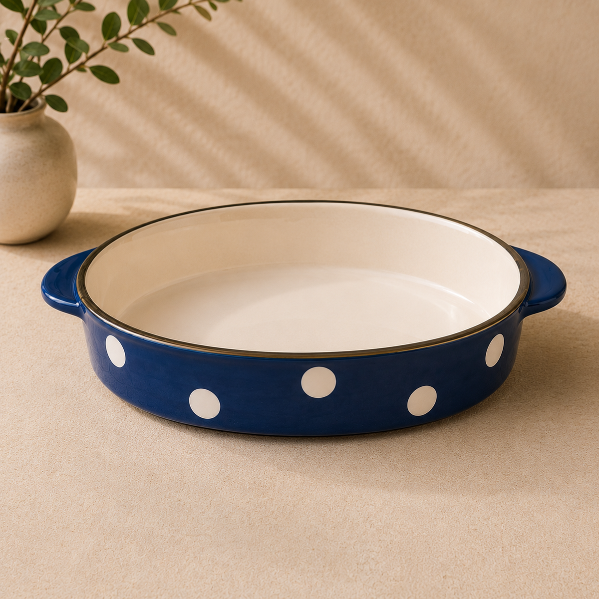 DANNY HOME 13.25-inch oval ceramic baking dish with integrated handles and blue polka dot pattern for casseroles, baking and serving. DANNY HOME ceramic baking dish13.25 inch baking dishoval ceramic baking dishblue polka dot baking dishceramic casserole dishbaking dish with handlesoven to table bakewarelarge ceramic baking dishceramic bakeware Pakistanoval casserole dish