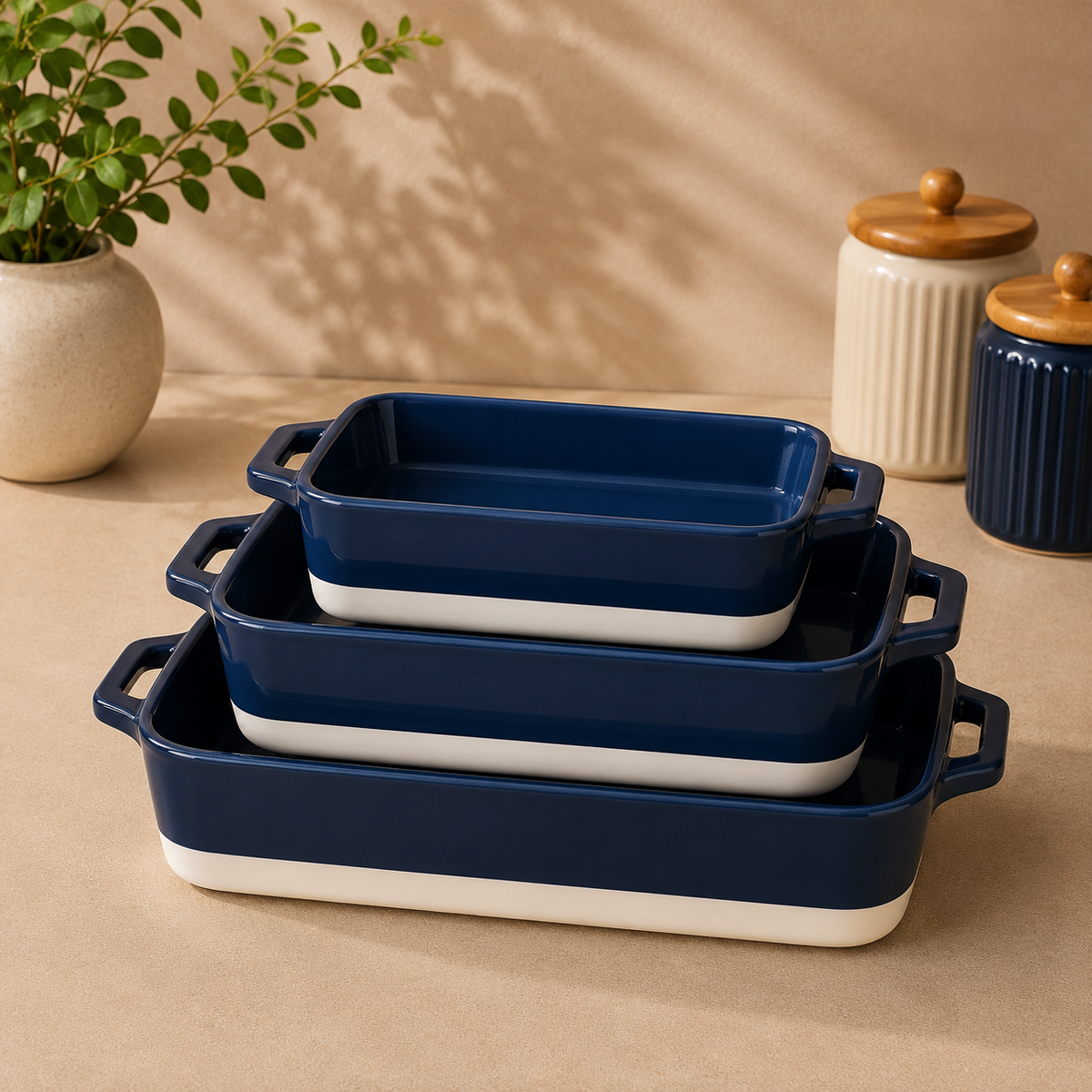 DANNY HOME 3-piece rectangular navy blue porcelain baking dish set with handles in 19cm, 26cm and 31cm sizes for baking and serving.
