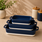 DANNY HOME 3-piece rectangular navy blue porcelain baking dish set with handles in 19cm, 26cm and 31cm sizes for baking and serving.
