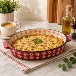 DANNY HOME 11-inch oval ceramic baking dish with red pattern and integrated side handles for baking and serving.
