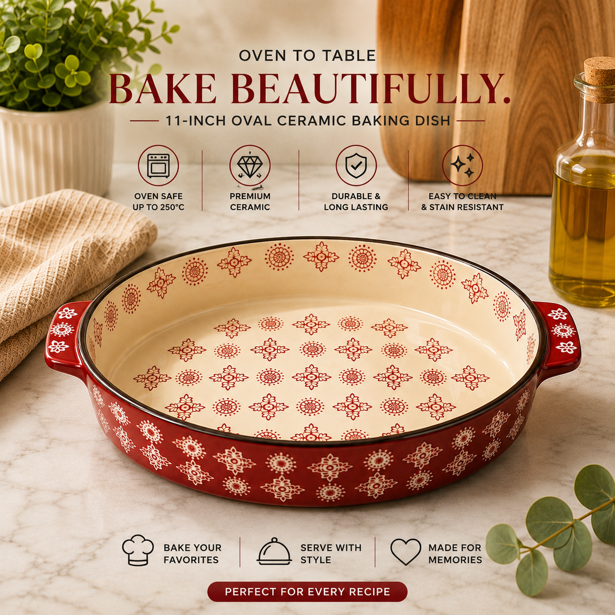 DANNY HOME 11-inch oval ceramic baking dish with red pattern and integrated side handles for baking and serving.