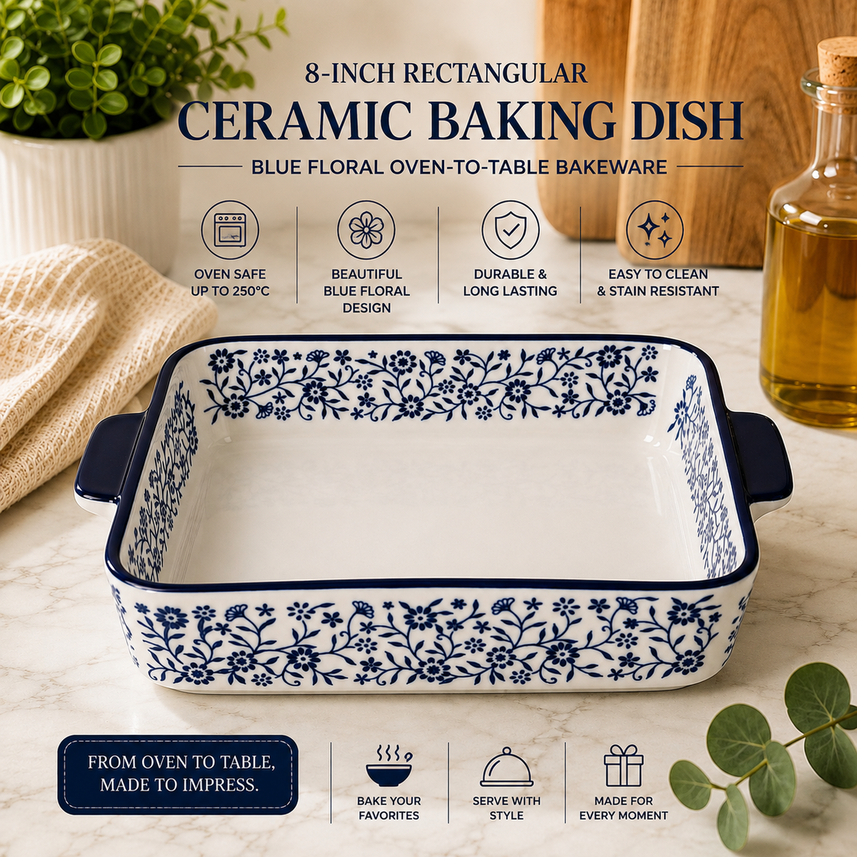 DANNY HOME ceramic baking dish8 inch rectangular baking dishceramic casserole dishblue floral baking dishrectangular ceramic bakewareceramic baking dish with handlesoven to table casserole dishpremium ceramic bakewareceramic oven dish Pakistanglazed ceramic baking dishDANNY HOME 8-inch rectangular ceramic baking dish with blue floral pattern and integrated side handles for baking and serving.