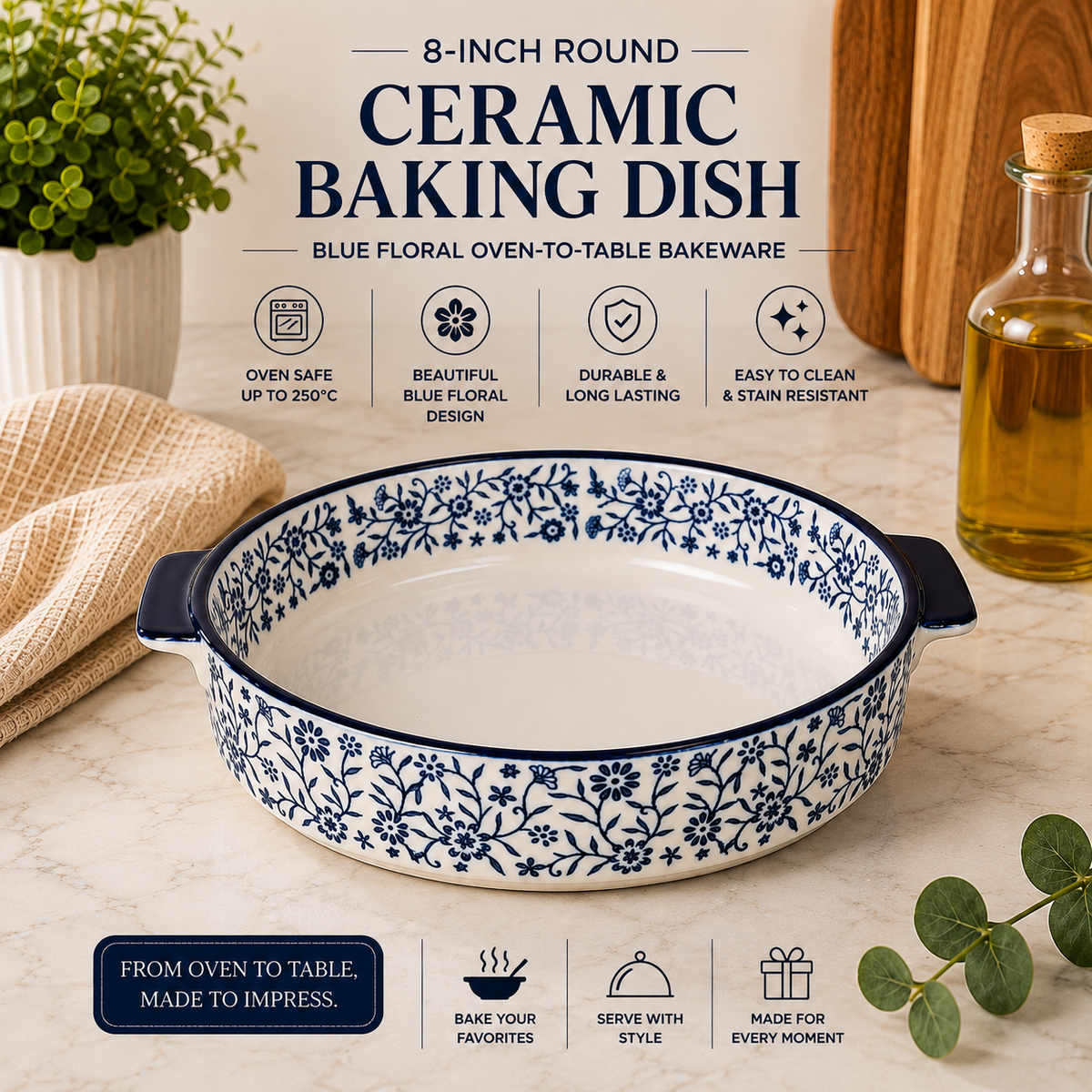 DANNY HOME 8-inch round ceramic baking dish with blue floral pattern and integrated side handles for baking and serving.DANNY HOME ceramic baking dish8 inch round baking dishround ceramic casserole dishblue floral baking dishceramic baking dish with handlesoven to table bakewarepremium ceramic bakewareceramic oven dish Pakistanglazed ceramic baking dishround ceramic bakeware