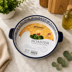 DANNY HOME 8-inch round ceramic baking dish with blue floral pattern and integrated side handles for baking and serving.DANNY HOME ceramic baking dish8 inch round baking dishround ceramic casserole dishblue floral baking dishceramic baking dish with handlesoven to table bakewarepremium ceramic bakewareceramic oven dish Pakistanglazed ceramic baking dishround ceramic bakeware