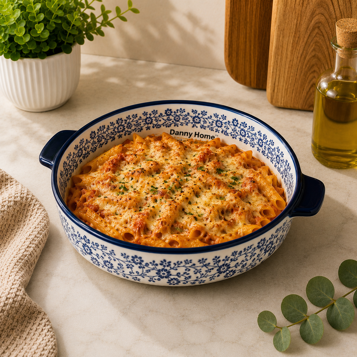 DANNY HOME 8-inch round ceramic baking dish with blue floral pattern and integrated side handles for baking and serving.DANNY HOME ceramic baking dish8 inch round baking dishround ceramic casserole dishblue floral baking dishceramic baking dish with handlesoven to table bakewarepremium ceramic bakewareceramic oven dish Pakistanglazed ceramic baking dishround ceramic bakeware