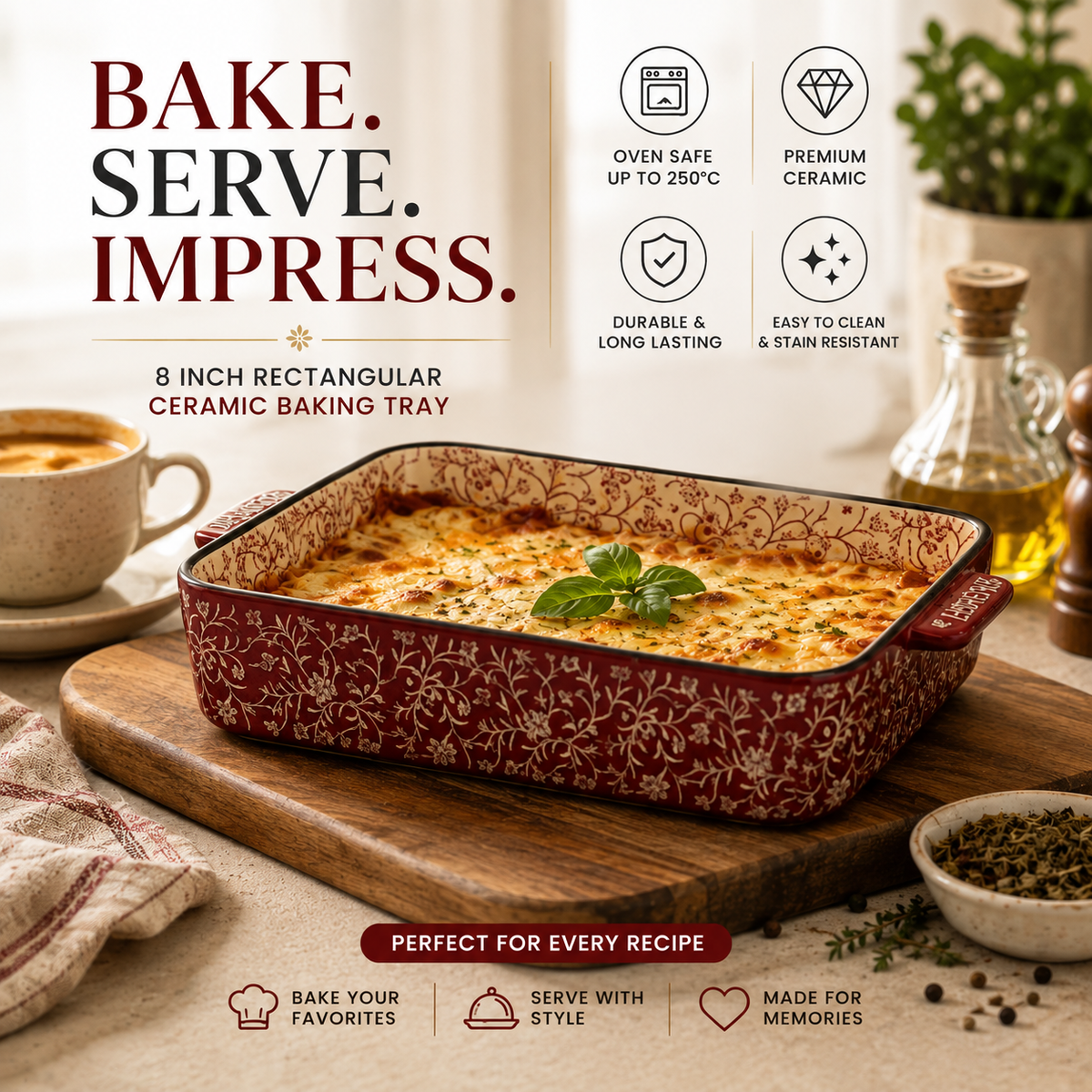 DANNY HOME rectangular ceramic baking dish with handles featuring red floral design, oven-safe casserole and serving bakeware for everyday cooking.DANNY HOME ceramic baking dish rectangular ceramic baking dish ceramic baking dish with handles red floral baking dish oven safe ceramic casserole ceramic casserole dish rectangular casserole dish ceramic bakeware Pakistan oven safe baking dish ceramic serving dish