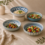 DANNY HOME set of 4 multipurpose 8.5-inch porcelain deep plates with assorted blue, black and white designs for dining and serving. DANNY HOME deep platesporcelain deep platesmultipurpose deep platesset of 4 porcelain plates8.5 inch deep platesporcelain soup platesporcelain pasta platesdeep dinner platesporcelain serving platesdeep plates Pakistan