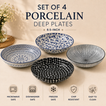 DANNY HOME set of 4 multipurpose 8.5-inch porcelain deep plates with assorted blue, black and white designs for dining and serving. DANNY HOME deep platesporcelain deep platesmultipurpose deep platesset of 4 porcelain plates8.5 inch deep platesporcelain soup platesporcelain pasta platesdeep dinner platesporcelain serving platesdeep plates Pakistan