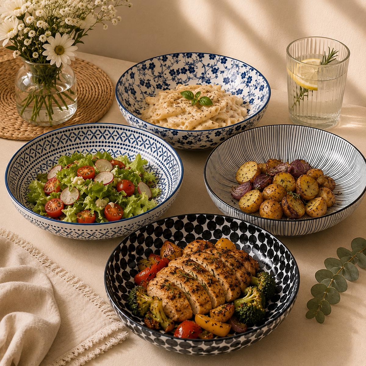 DANNY HOME set of 4 multipurpose 8.5-inch porcelain deep plates with assorted blue, black and white designs for dining and serving. DANNY HOME deep platesporcelain deep platesmultipurpose deep platesset of 4 porcelain plates8.5 inch deep platesporcelain soup platesporcelain pasta platesdeep dinner platesporcelain serving platesdeep plates Pakistan