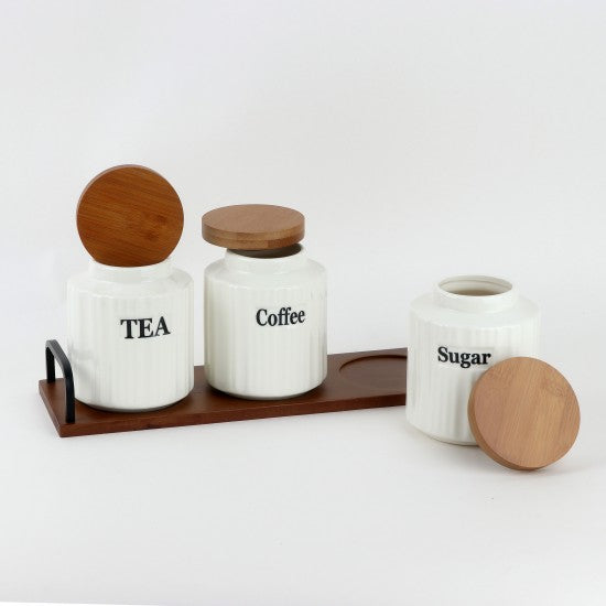 Ceramic Coffee, Sugar & Tea Canister Set with Wooden Tray