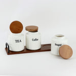 Ceramic Coffee, Sugar & Tea Canister Set with Wooden Tray