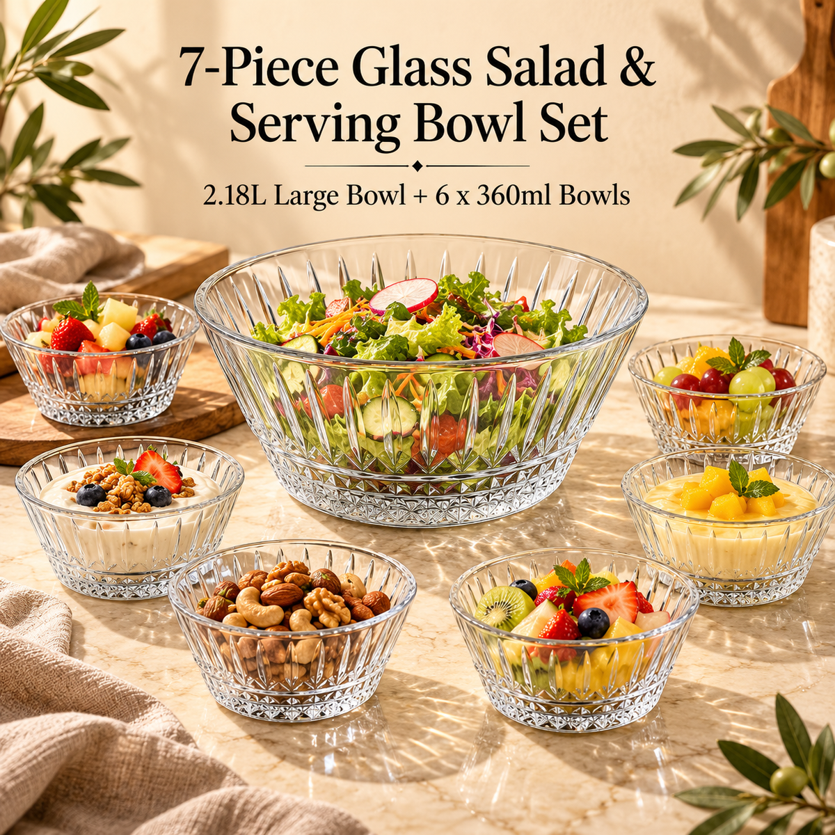 DELISOGA 7 piece glass bowl set, DELISOGA salad bowl set, glass salad bowl set, glass serving bowl set, 7 piece serving bowl set, 2.18L glass bowl, 360ml glass bowls, large glass salad bowl, small glass serving bowls, salad serving set, fruit bowl set, dessert bowl set, clear glass bowls, glass dinnerware set, family serving bowl set, salad bowl set Pakistan, glass bowl set Pakistan, DELISOGA bowls Pakistan, serving bowl set Pakistan, glass salad bowls Pakistan, buy glass bowl set Pakistan