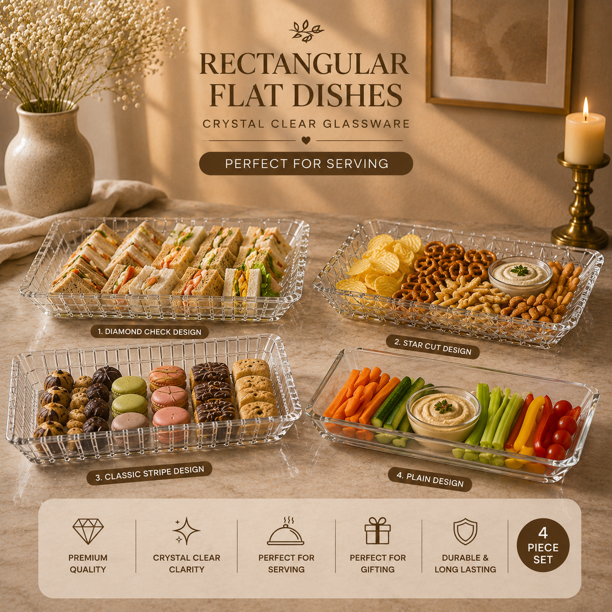 DELISOGA rectangular crystal-cut clear glass serving dish for presenting snacks, desserts, fruits, sweets, chocolates and treats.DELISOGA glass serving dishrectangular glass serving dishcrystal cut serving trayglass serving traydessert serving dishfruit serving traysnack serving dishcrystal cut glass dishpremium glass servewareglass serving dish Pakistan