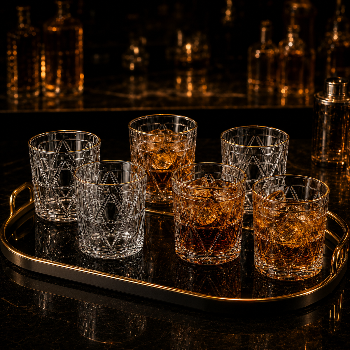 DELISOGA set of 6 crystal-cut clear 340ml drinking glasses with elegant gold rims for water, juice, cocktails, mocktails and cold beverages.