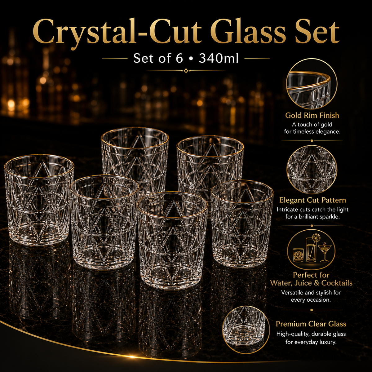 DELISOGA set of 6 crystal-cut clear 340ml drinking glasses with elegant gold rims for water, juice, cocktails, mocktails and cold beverages.