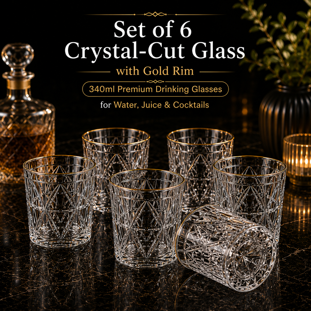 DELISOGA set of 6 crystal-cut clear 340ml drinking glasses with elegant gold rims for water, juice, cocktails, mocktails and cold beverages.