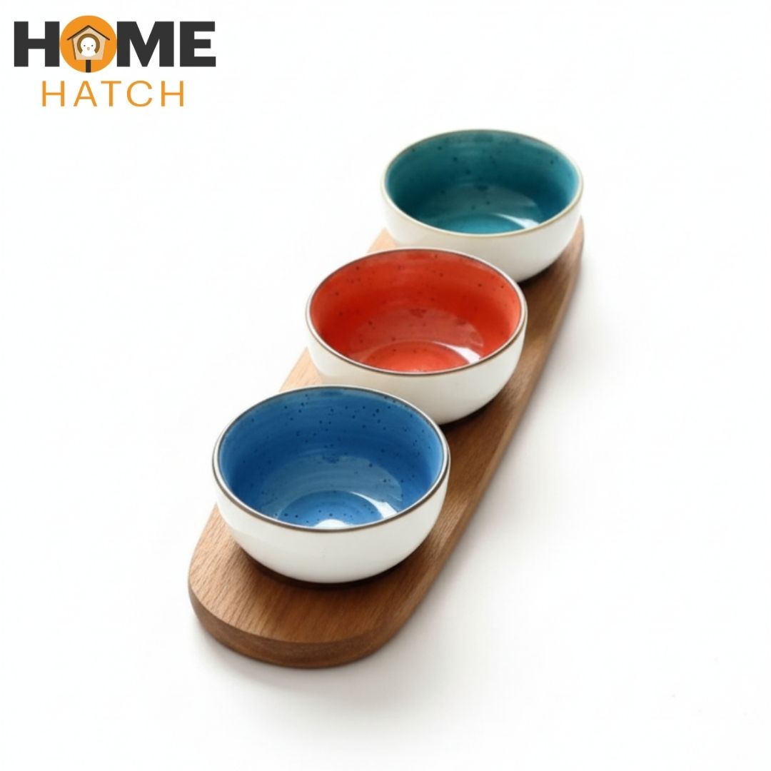 Danny Home Acacia Wood Platter with 3-Piece Ceramic Serving Bowls