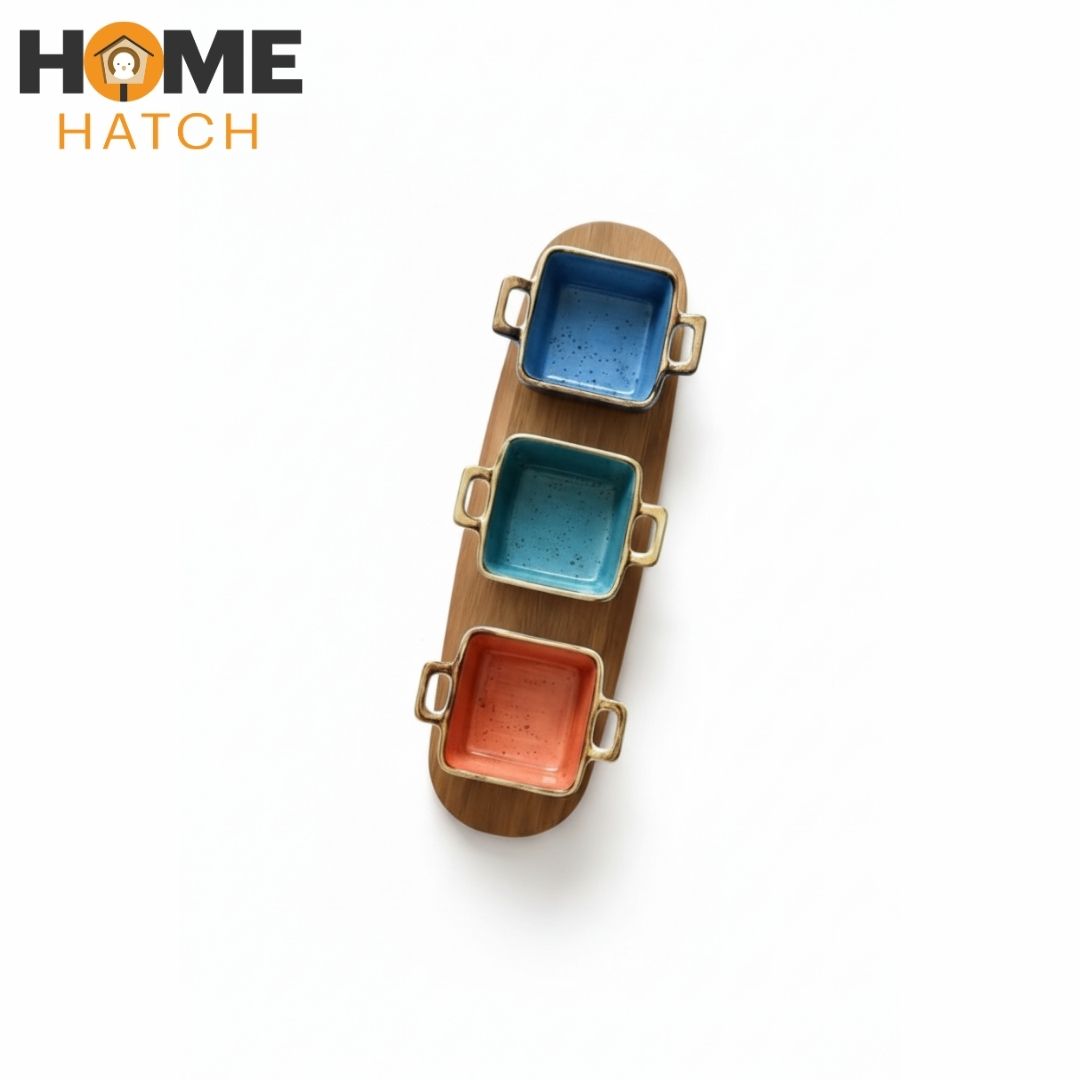 Danny Home Acacia Wood Platter with 3-Piece Ceramic Serving Bowls