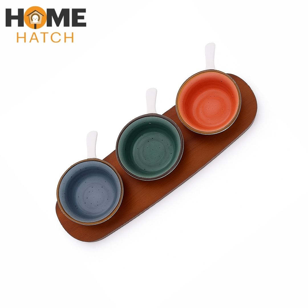 Danny Home Acacia Wood Platter with 3-Piece Ceramic Serving Bowls