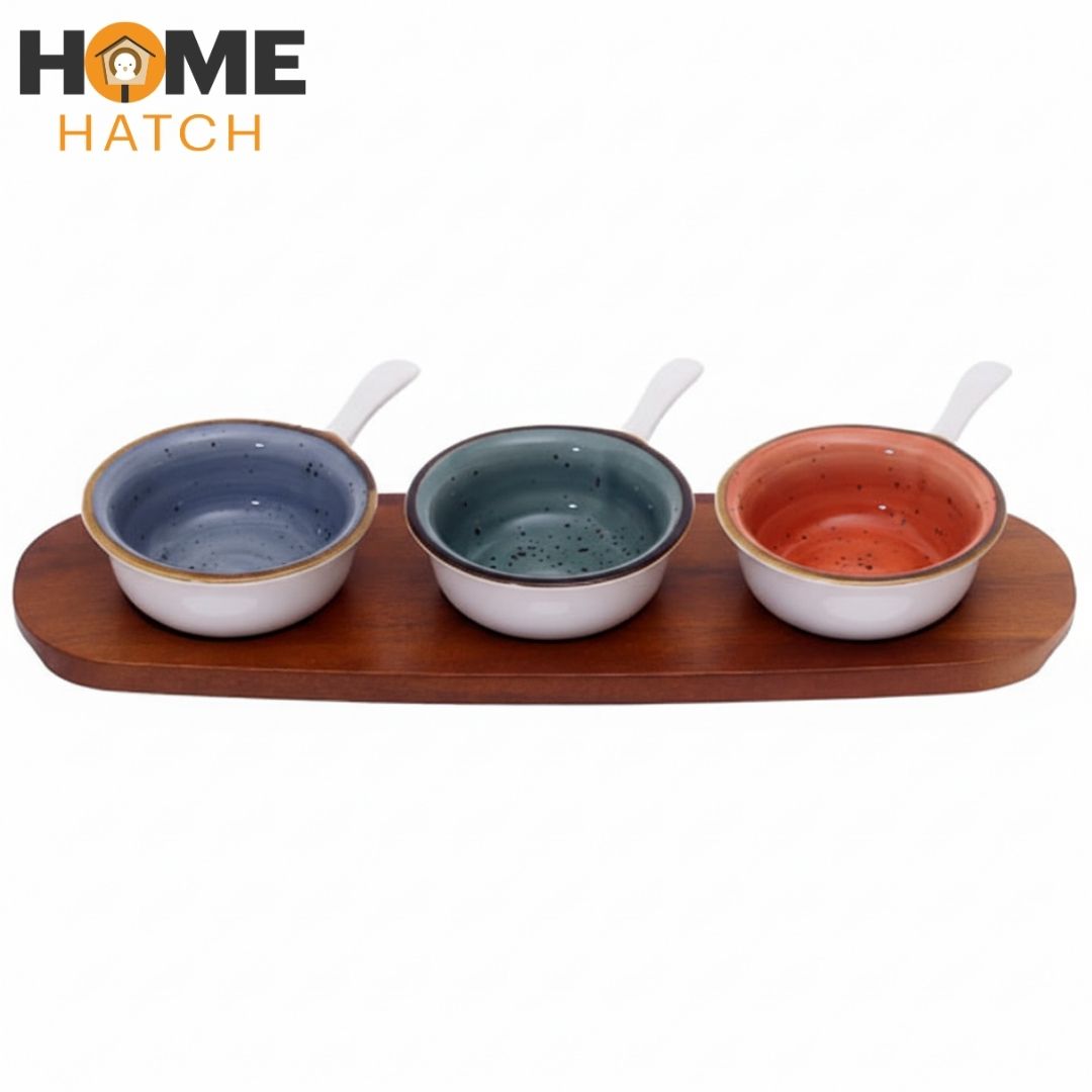 Danny Home Acacia Wood Platter with 3-Piece Ceramic Serving Bowls