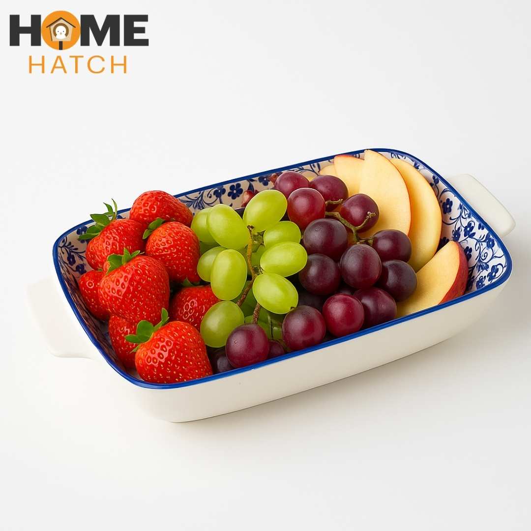 Danny Home Navy Floral Ceramic Dish with Handle – Multi-Purpose Serveware (Available in Multiple Sizes)