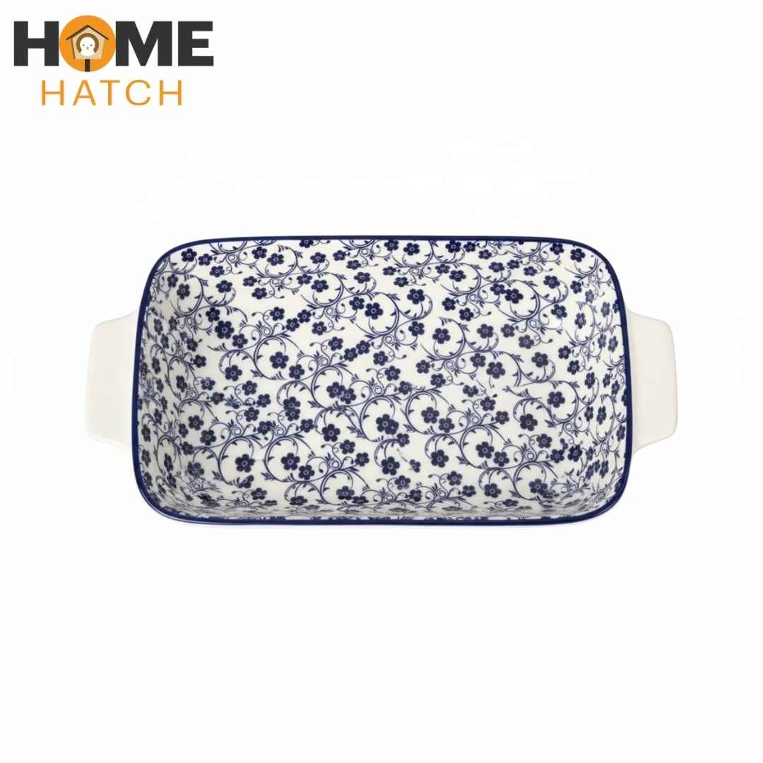 Danny Home Navy Floral Ceramic Dish with Handle – Multi-Purpose Serveware (Available in Multiple Sizes)