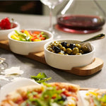 Danny Home Pizza Passion topping platter set – 3 ceramic bowls white + wooden serving tray – Home Hatch