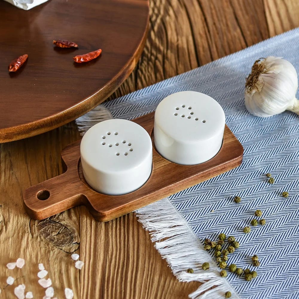 Danny Home ceramic salt and pepper shaker set with acacia wooden tray premium kitchen seasoning set