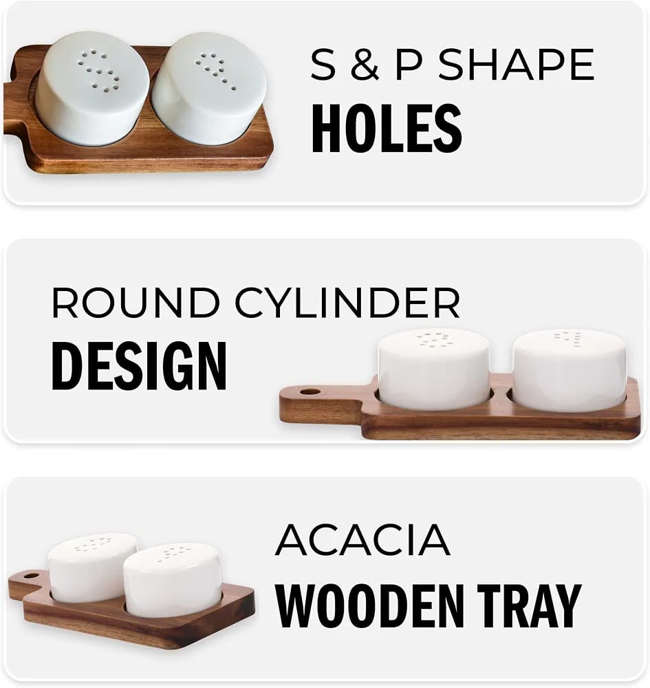 Danny Home ceramic salt and pepper shaker set with acacia wooden tray premium kitchen seasoning set