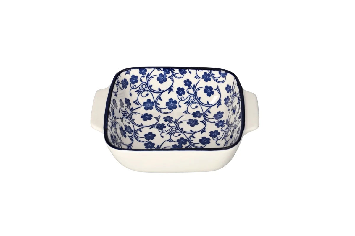 Danny Home Navy Floral Ceramic Dish with Handle – Multi-Purpose Serveware (Available in Multiple Sizes)