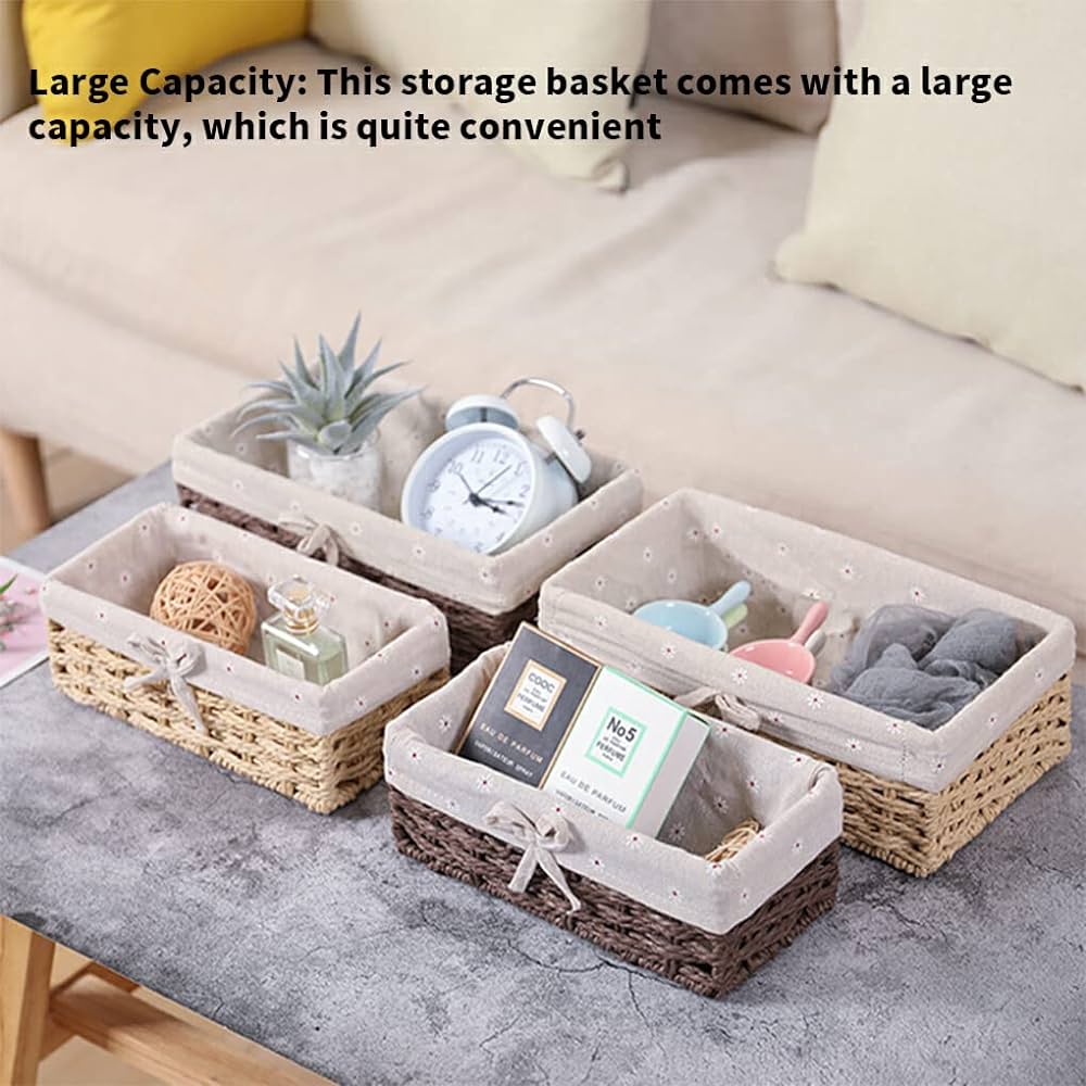 Rectangular Cloth Covered Braided Basket | Vanity Basket | Set of 2