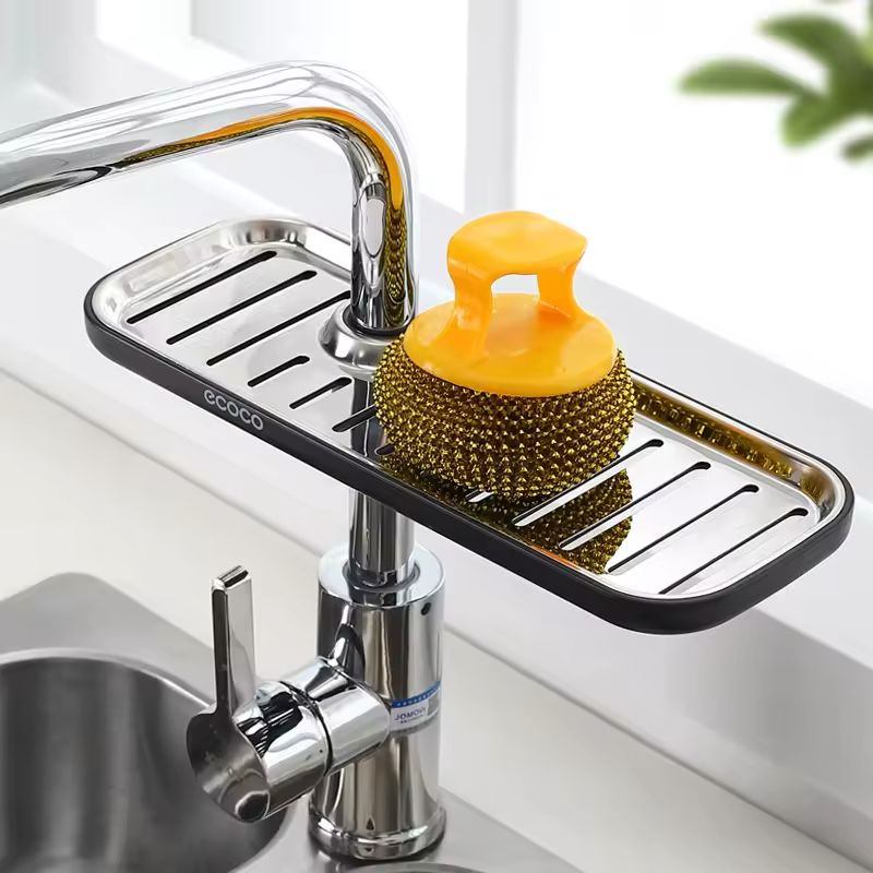 ECOCO Kitchen Faucet Drain Rack – Sink Basket & Sponge Soap Holder Organizer