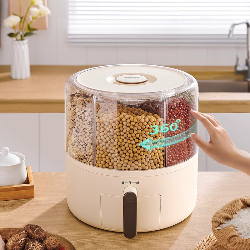ECOCO 360° Rotary Grains Storage Box – Divided Rice & Cereal Dispenser”