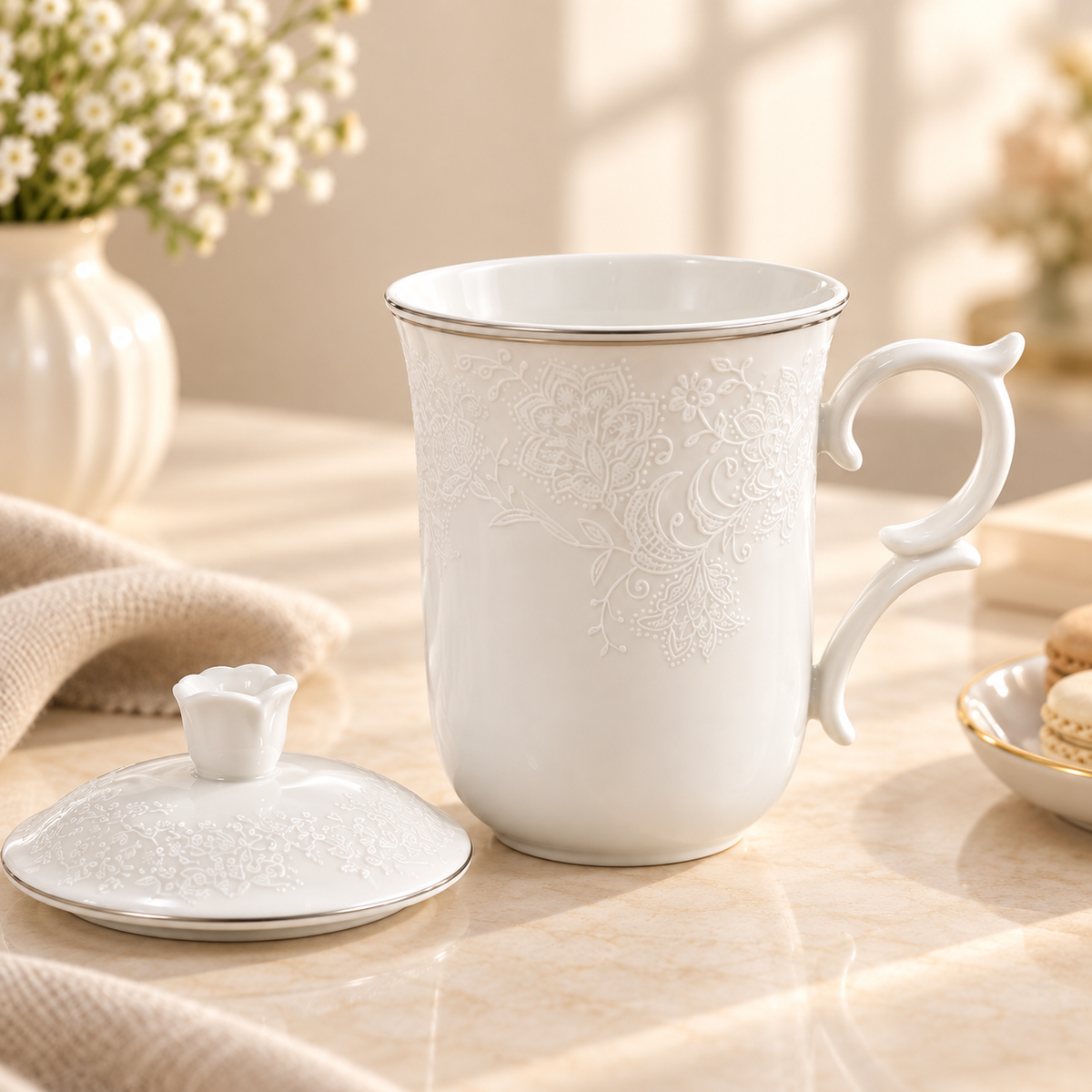 embossed floral ceramic mugceramic mug with lidfloral coffee mugpremium ceramic coffee mugceramic tea cup with liddecorative handle mugelegant coffee mugaesthetic ceramic mugceramic mug Pakistancoffee mug with lid PakistanElegant embossed floral ceramic mug with matching lid and decorative handle for serving tea, coffee and hot beverages at home or office.