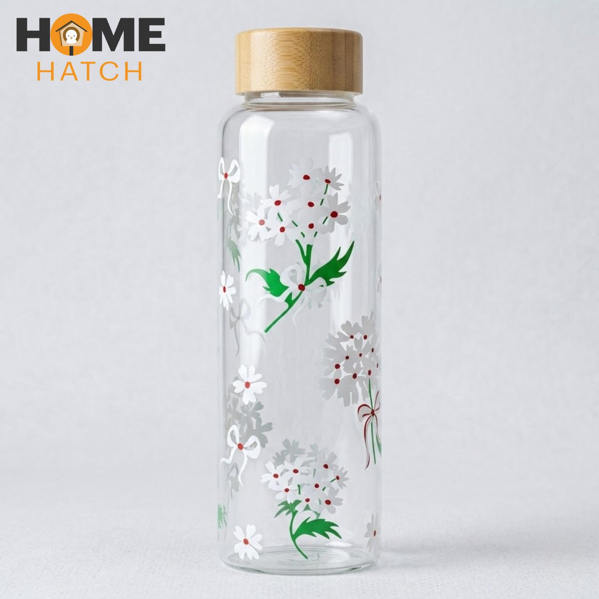 Floral Printed Glass Water Bottle 750ml with Bamboo Lid